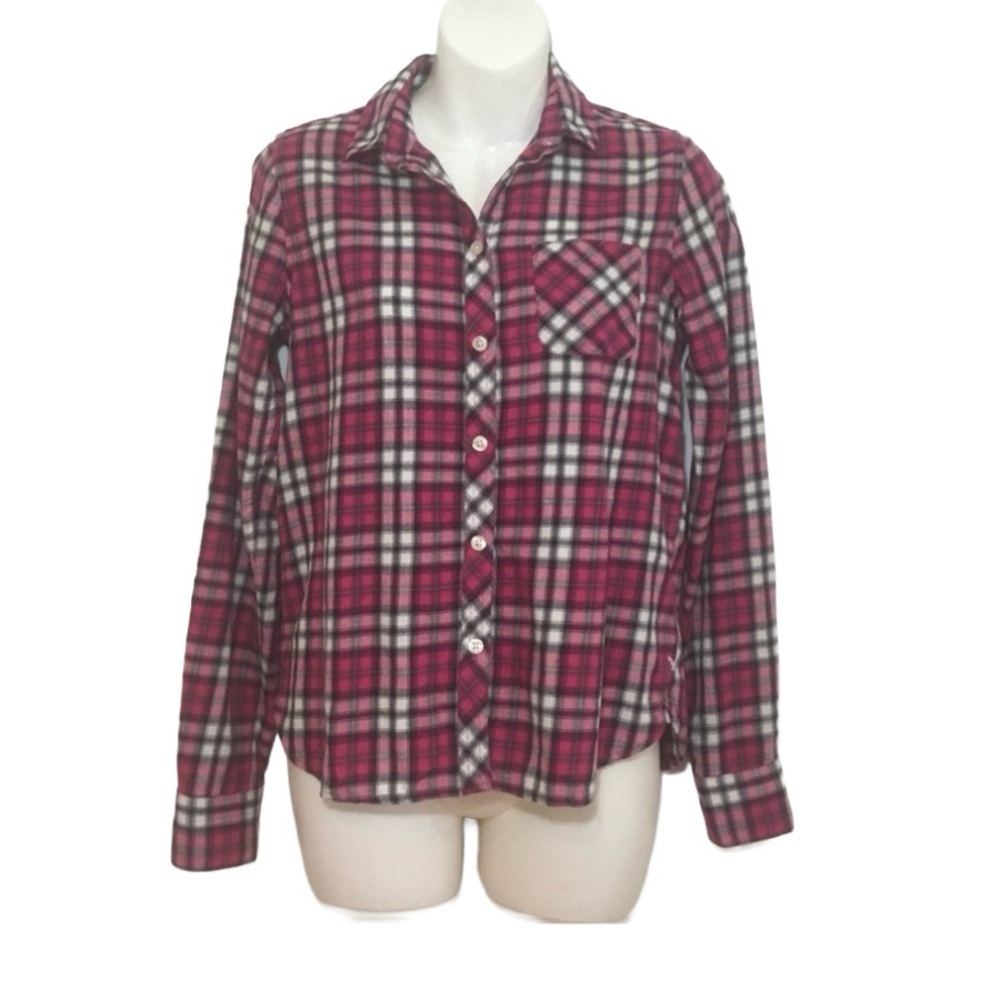 AEO American Eagle Plaid Button Down XS Pink Black White Barbiecore Girly